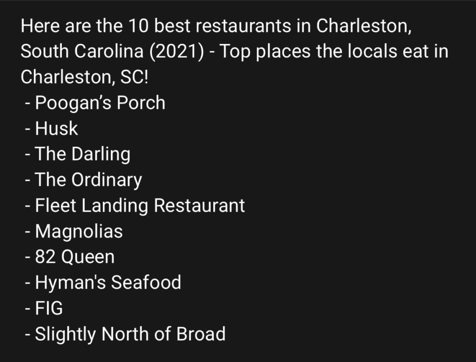 Top 10 Local Places presents “10 Best Restaurants in Charleston, SC” New Video Charleston Daily